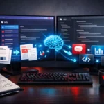 Marketing professional creating custom Claude.ai Skills workflow on dual monitors showing skill documentation and AI implementation