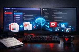 Marketing professional creating custom Claude.ai Skills workflow on dual monitors showing skill documentation and AI implementation